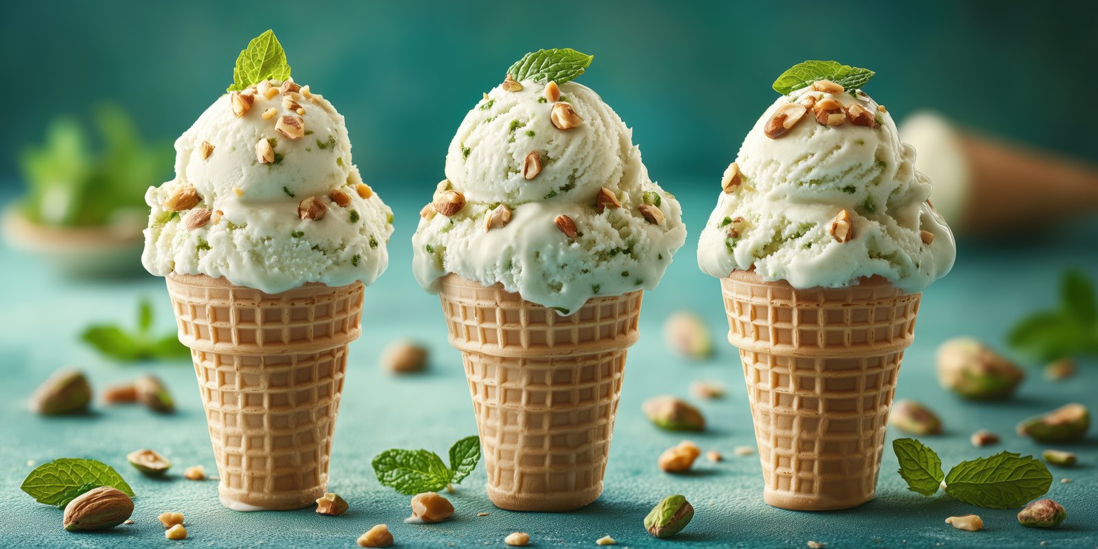 Mint ice cream cones served on a blue surface with crushed nuts and mint leaves scattered around